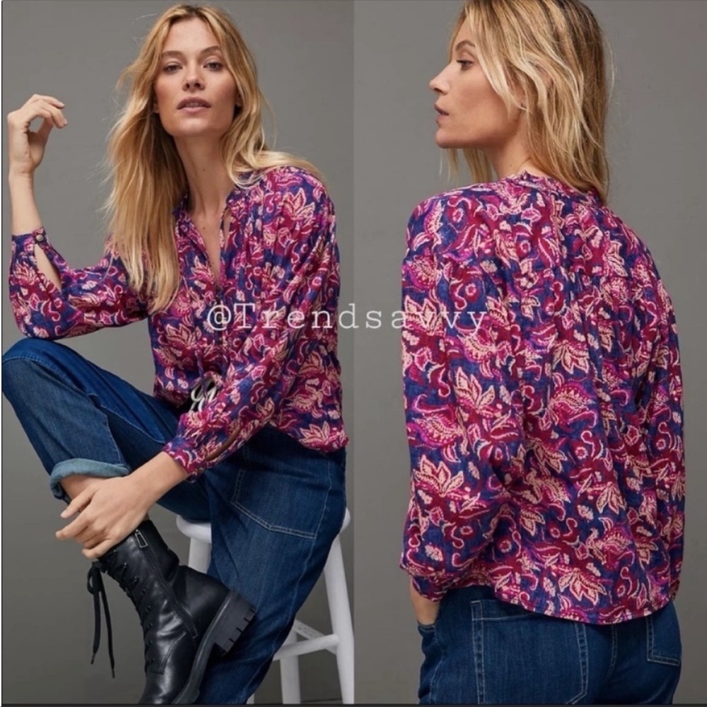 Anthropologie Pilcro Lucille Peasant Blouse Blue Pink Floral XS NWT Top